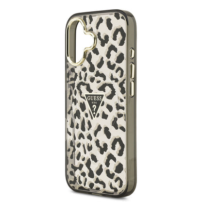 iPhone 17 Kılıf Guess Orjinal Lisanslı M-safe Şarj Özellikli Üçgen Logolu Simli Leopar Desenli Kapak