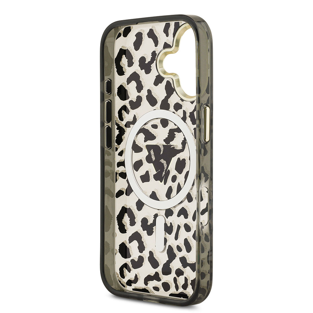 iPhone 17 Kılıf Guess Orjinal Lisanslı M-safe Şarj Özellikli Üçgen Logolu Simli Leopar Desenli Kapak