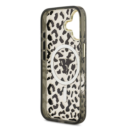 iPhone 17 Kılıf Guess Orjinal Lisanslı M-safe Şarj Özellikli Üçgen Logolu Simli Leopar Desenli Kapak