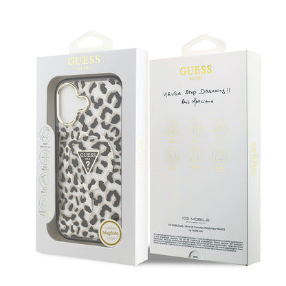 iPhone 17 Kılıf Guess Orjinal Lisanslı M-safe Şarj Özellikli Üçgen Logolu Simli Leopar Desenli Kapak