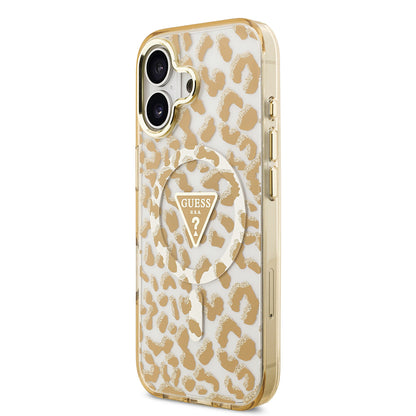 iPhone 17 Kılıf Guess Orjinal Lisanslı M-safe Şarj Özellikli Üçgen Logolu Simli Leopar Desenli Kapak