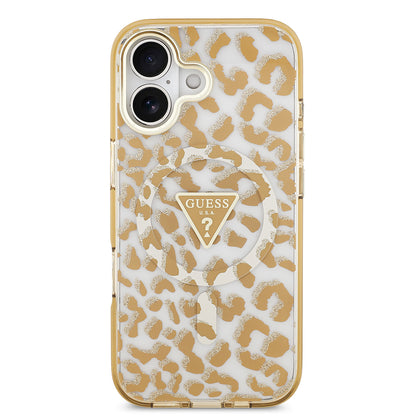 iPhone 17 Kılıf Guess Orjinal Lisanslı M-safe Şarj Özellikli Üçgen Logolu Simli Leopar Desenli Kapak
