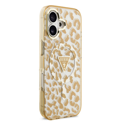 iPhone 17 Kılıf Guess Orjinal Lisanslı M-safe Şarj Özellikli Üçgen Logolu Simli Leopar Desenli Kapak