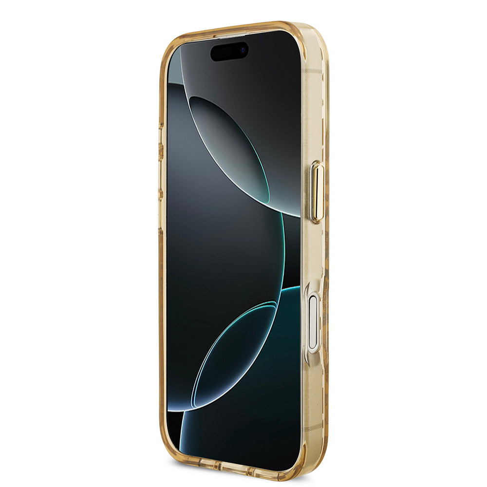 iPhone 17 Kılıf Guess Orjinal Lisanslı M-safe Şarj Özellikli Üçgen Logolu Simli Leopar Desenli Kapak