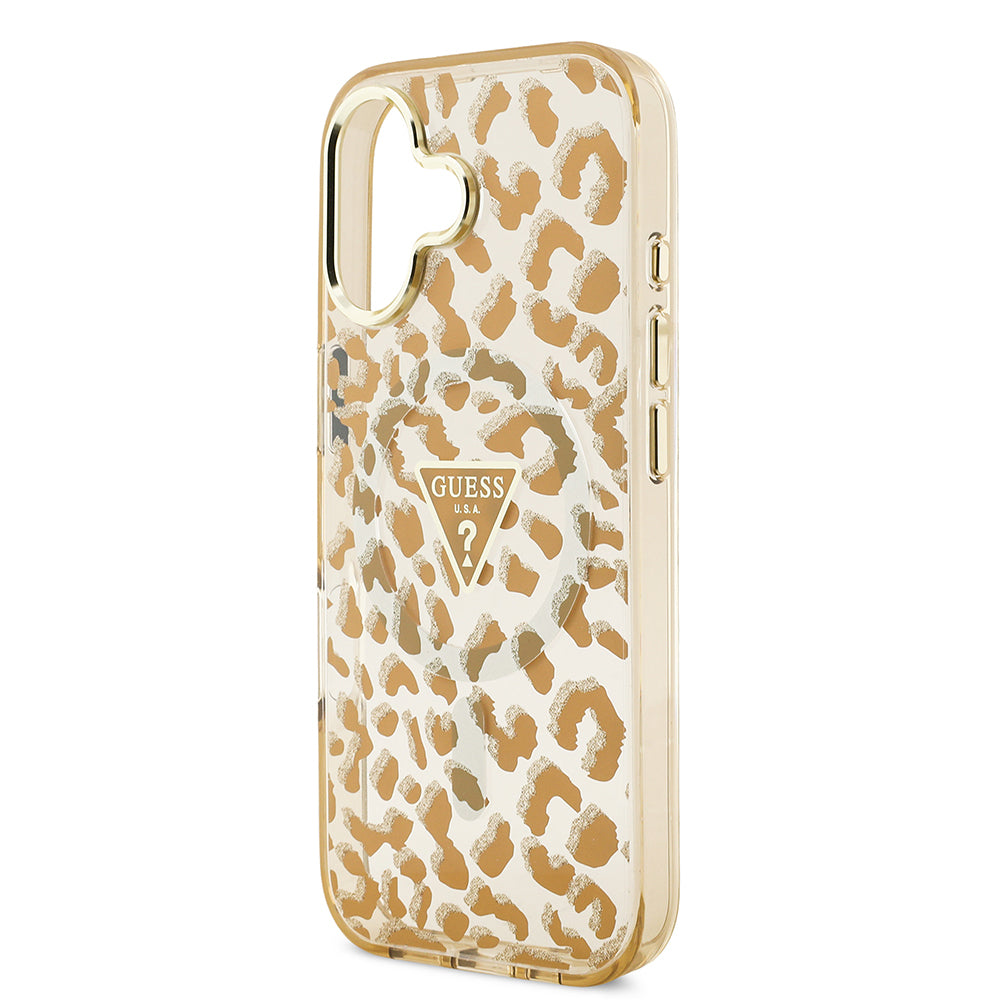 iPhone 17 Kılıf Guess Orjinal Lisanslı M-safe Şarj Özellikli Üçgen Logolu Simli Leopar Desenli Kapak