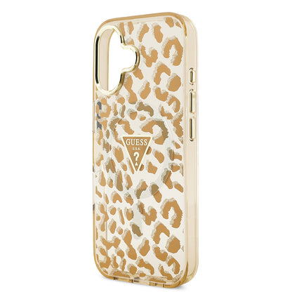 iPhone 17 Kılıf Guess Orjinal Lisanslı M-safe Şarj Özellikli Üçgen Logolu Simli Leopar Desenli Kapak