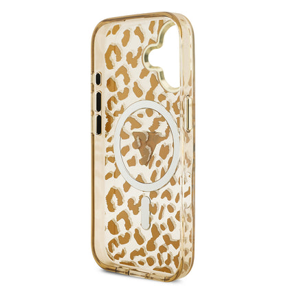 iPhone 17 Kılıf Guess Orjinal Lisanslı M-safe Şarj Özellikli Üçgen Logolu Simli Leopar Desenli Kapak