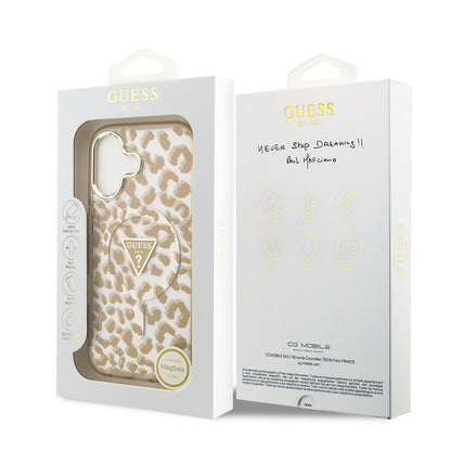 iPhone 17 Kılıf Guess Orjinal Lisanslı M-safe Şarj Özellikli Üçgen Logolu Simli Leopar Desenli Kapak
