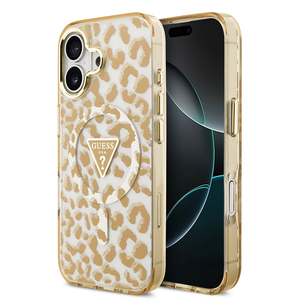 iPhone 17 Kılıf Guess Orjinal Lisanslı M-safe Şarj Özellikli Üçgen Logolu Simli Leopar Desenli Kapak