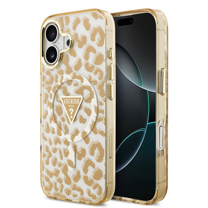 iPhone 17 Kılıf Guess Orjinal Lisanslı M-safe Şarj Özellikli Üçgen Logolu Simli Leopar Desenli Kapak