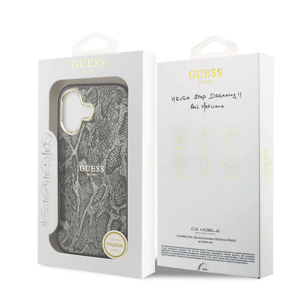 iPhone 17 Kılıf Guess Orjinal Lisanslı M-safe Şarj Özellikli Yazı Logolu Python Desenli Kapak
