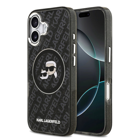 iPhone 17 Kılıf Karl Lagerfeld Orjinal Lisanslı Parlayan Simli Karl & Choupette Heads Kapak
