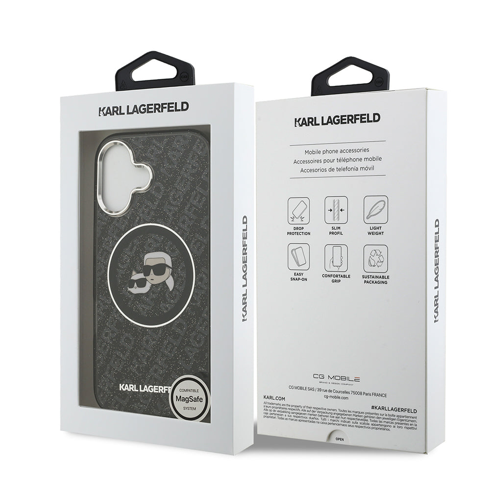 iPhone 17 Kılıf Karl Lagerfeld Orjinal Lisanslı Parlayan Simli Karl & Choupette Heads Kapak