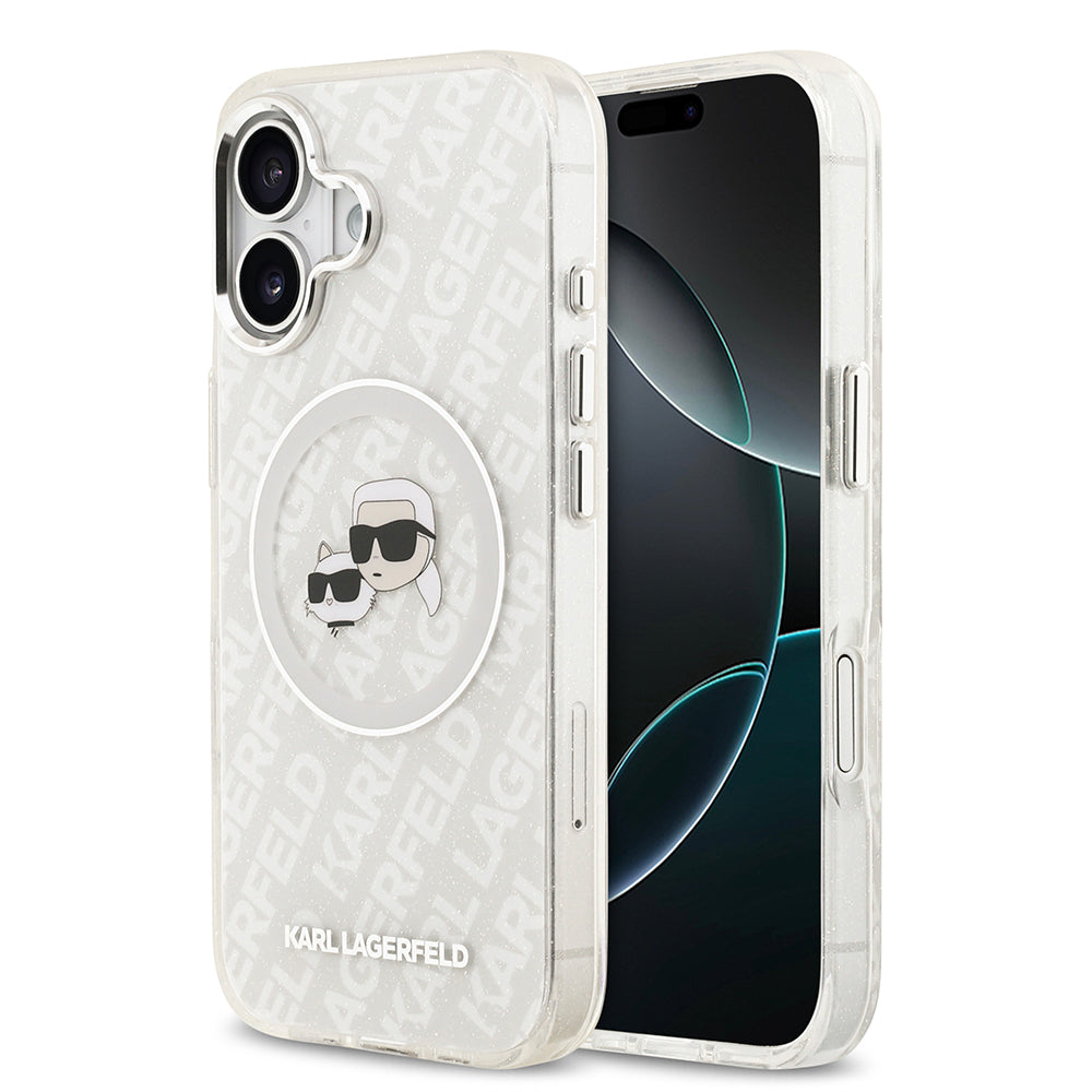 iPhone 17 Kılıf Karl Lagerfeld Orjinal Lisanslı Parlayan Simli Karl & Choupette Heads Kapak