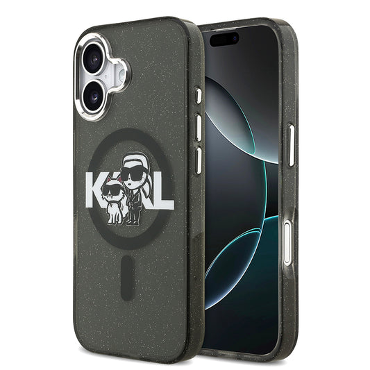 iPhone 17 Kılıf Karl Lagerfeld Orjinal Lisanslı Parlayan Simli Karl & Choupette Sketch Logo Kapak