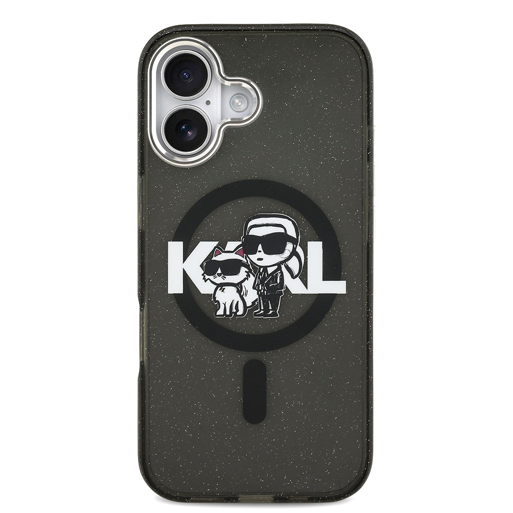 iPhone 17 Kılıf Karl Lagerfeld Orjinal Lisanslı Parlayan Simli Karl & Choupette Sketch Logo Kapak