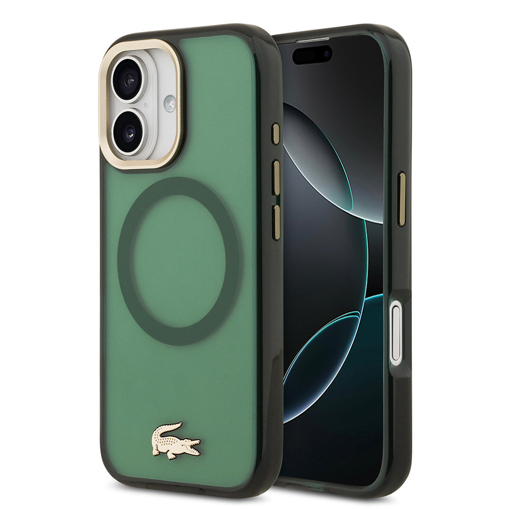 iPhone 17 Kılıf Lacoste Orjinal Lisanslı M-safe Şarj Özellikli Gold Timsah Logolu Buzlu Kapak