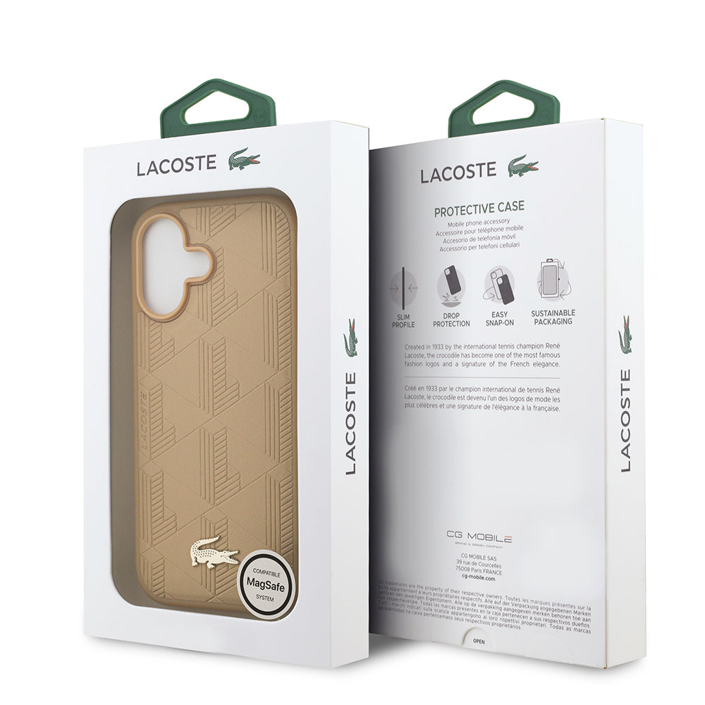 iPhone 17 Kılıf Lacoste Orjinal Lisanslı M-safe Şarj Özellikli PU Deri Tasarımlı Karışık Monogram Desenli Kapak