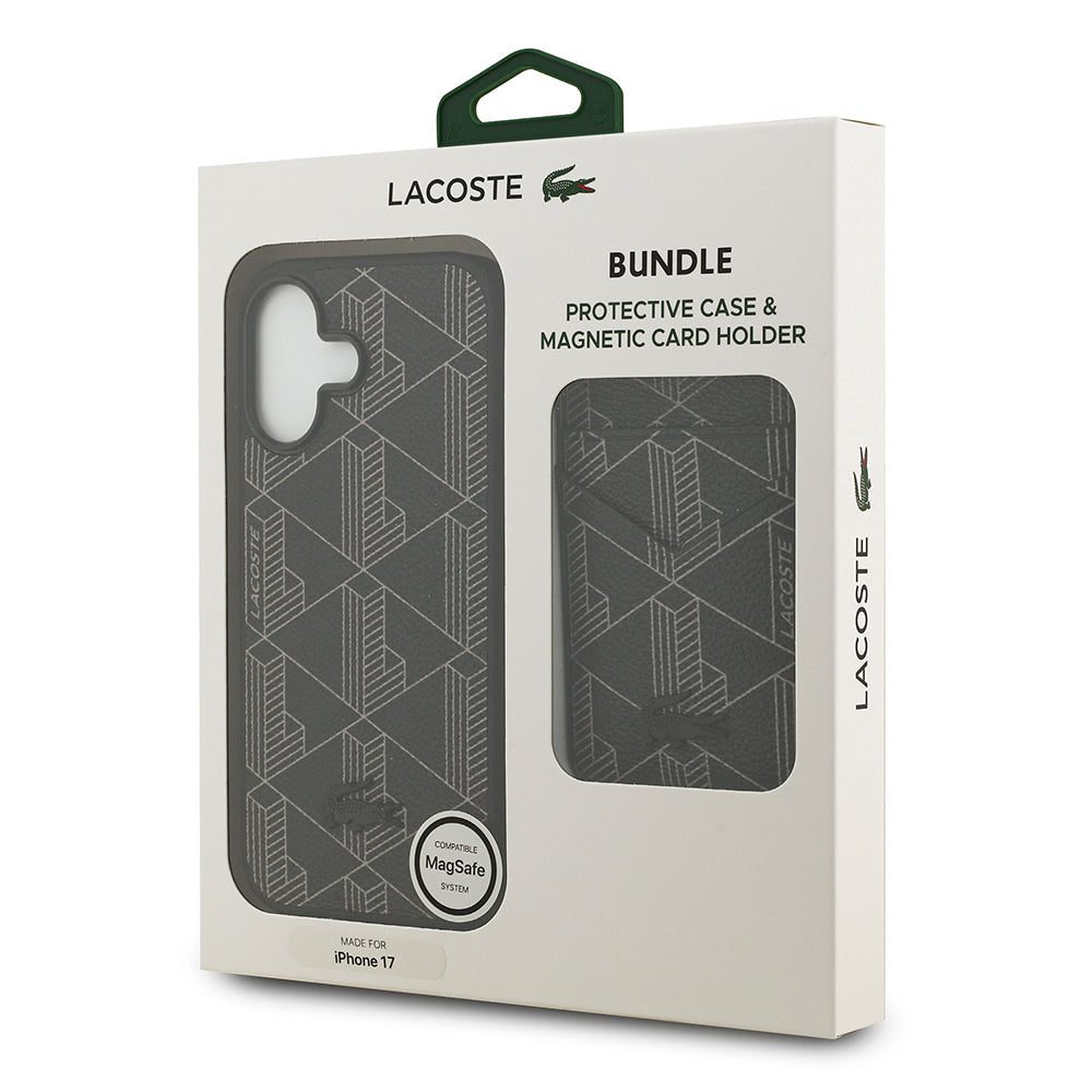 iPhone 17 Kılıf Lacoste Orjinal Lisanslı M-safe Şarj Özellikli PU Deri Tasarımlı Kartlıklı Karışık Monogram Desenli Kapak