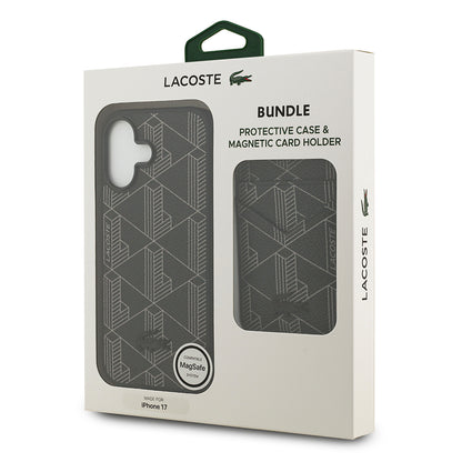 iPhone 17 Kılıf Lacoste Orjinal Lisanslı M-safe Şarj Özellikli PU Deri Tasarımlı Kartlıklı Karışık Monogram Desenli Kapak
