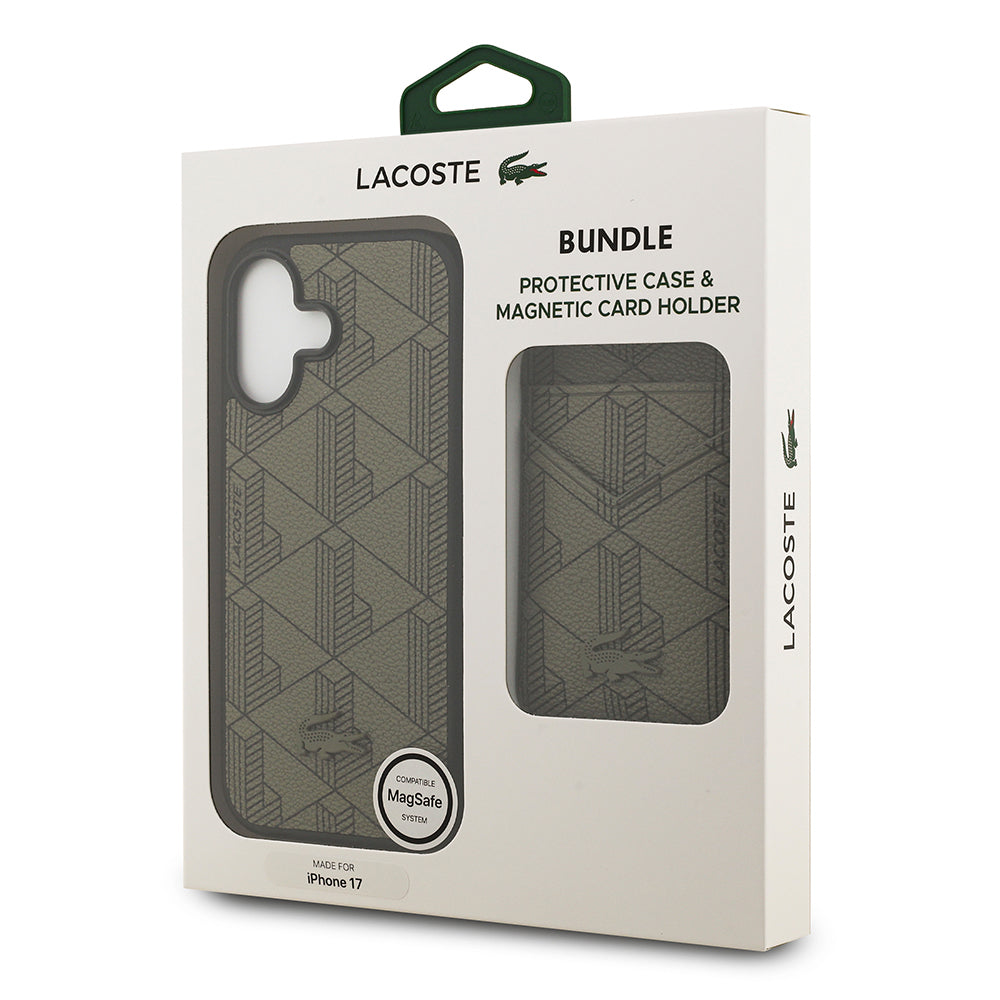 iPhone 17 Kılıf Lacoste Orjinal Lisanslı M-safe Şarj Özellikli PU Deri Tasarımlı Kartlıklı Karışık Monogram Desenli Kapak