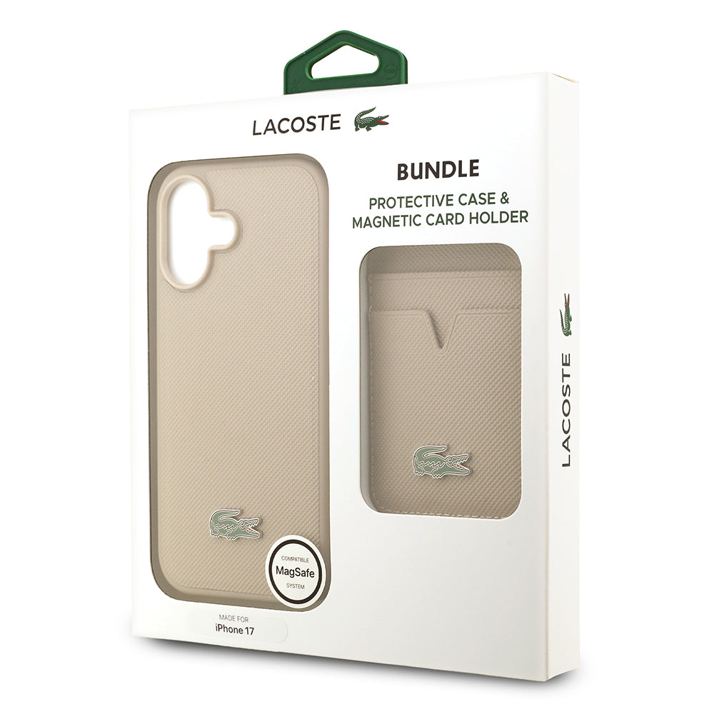 iPhone 17 Kılıf Lacoste Orjinal Lisanslı M-safe Şarj Özellikli PU Pike Desenli Metal Logolu Kartlıklı Kapak