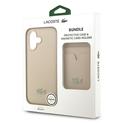 iPhone 17 Kılıf Lacoste Orjinal Lisanslı M-safe Şarj Özellikli PU Pike Desenli Metal Logolu Kartlıklı Kapak