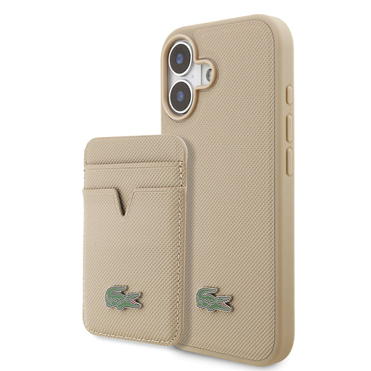 iPhone 17 Kılıf Lacoste Orjinal Lisanslı M-safe Şarj Özellikli PU Pike Desenli Metal Logolu Kartlıklı Kapak