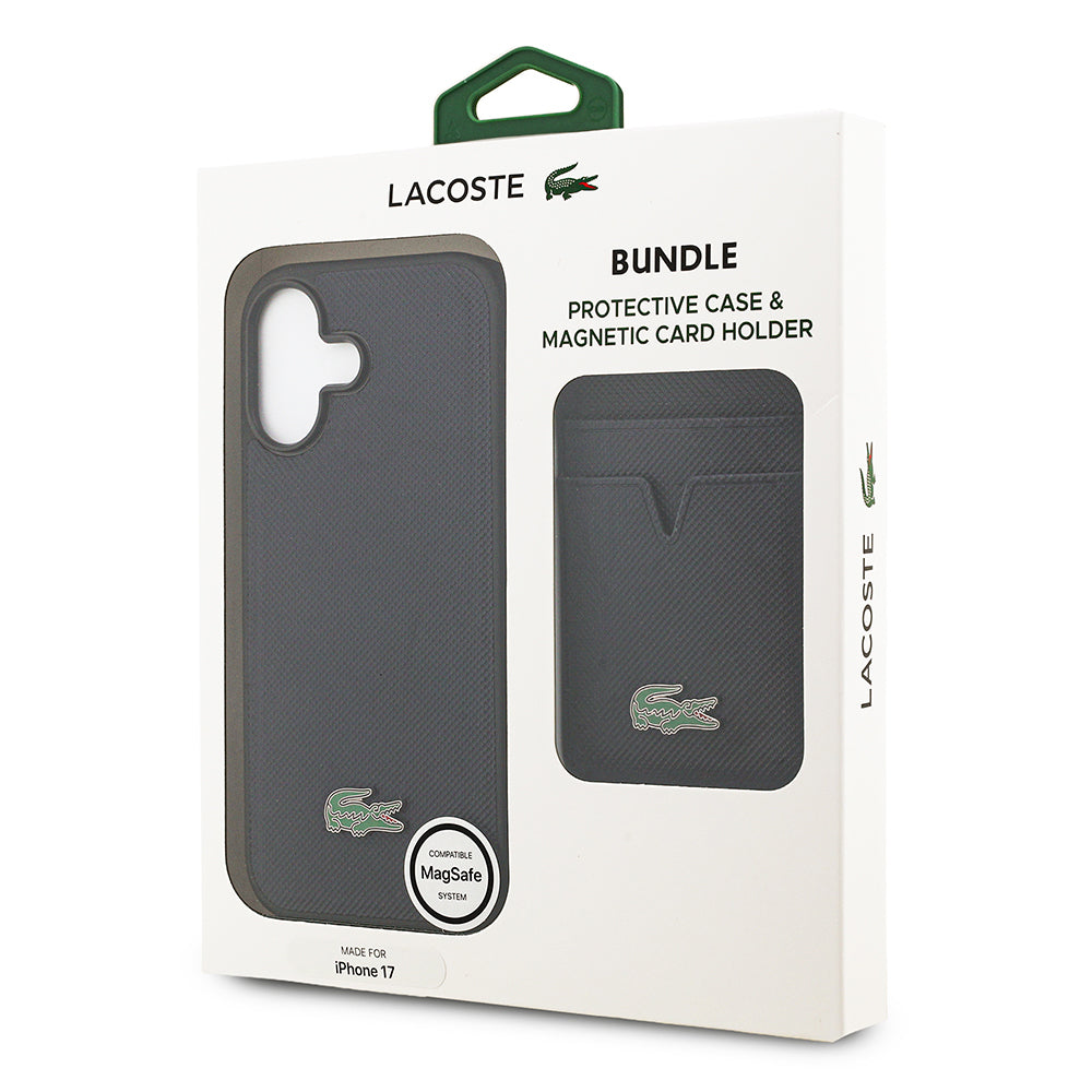 iPhone 17 Kılıf Lacoste Orjinal Lisanslı M-safe Şarj Özellikli PU Pike Desenli Metal Logolu Kartlıklı Kapak