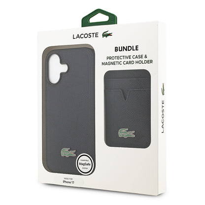 iPhone 17 Kılıf Lacoste Orjinal Lisanslı M-safe Şarj Özellikli PU Pike Desenli Metal Logolu Kartlıklı Kapak
