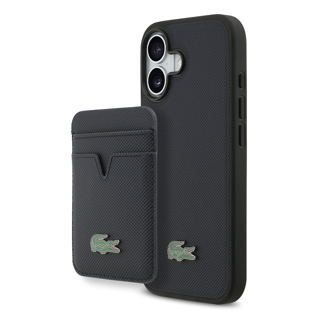 iPhone 17 Kılıf Lacoste Orjinal Lisanslı M-safe Şarj Özellikli PU Pike Desenli Metal Logolu Kartlıklı Kapak