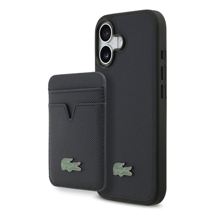 iPhone 17 Kılıf Lacoste Orjinal Lisanslı M-safe Şarj Özellikli PU Pike Desenli Metal Logolu Kartlıklı Kapak