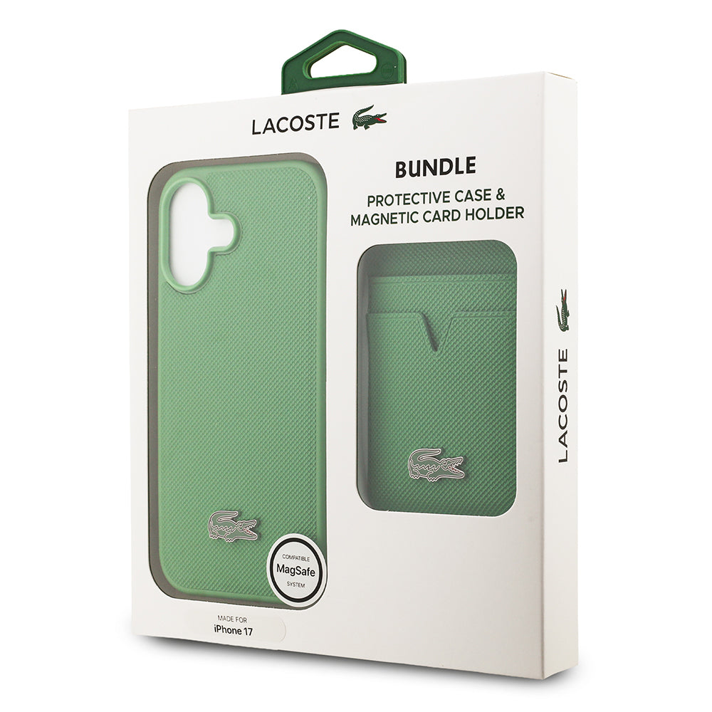 iPhone 17 Kılıf Lacoste Orjinal Lisanslı M-safe Şarj Özellikli PU Pike Desenli Metal Logolu Kartlıklı Kapak