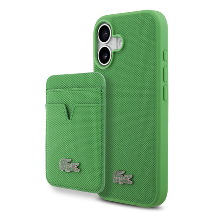 iPhone 17 Kılıf Lacoste Orjinal Lisanslı M-safe Şarj Özellikli PU Pike Desenli Metal Logolu Kartlıklı Kapak