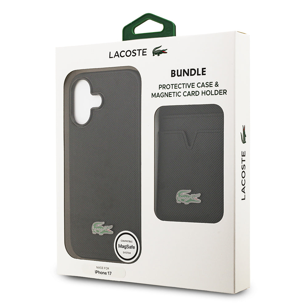 iPhone 17 Kılıf Lacoste Orjinal Lisanslı M-safe Şarj Özellikli PU Pike Desenli Metal Logolu Kartlıklı Kapak