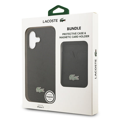 iPhone 17 Kılıf Lacoste Orjinal Lisanslı M-safe Şarj Özellikli PU Pike Desenli Metal Logolu Kartlıklı Kapak