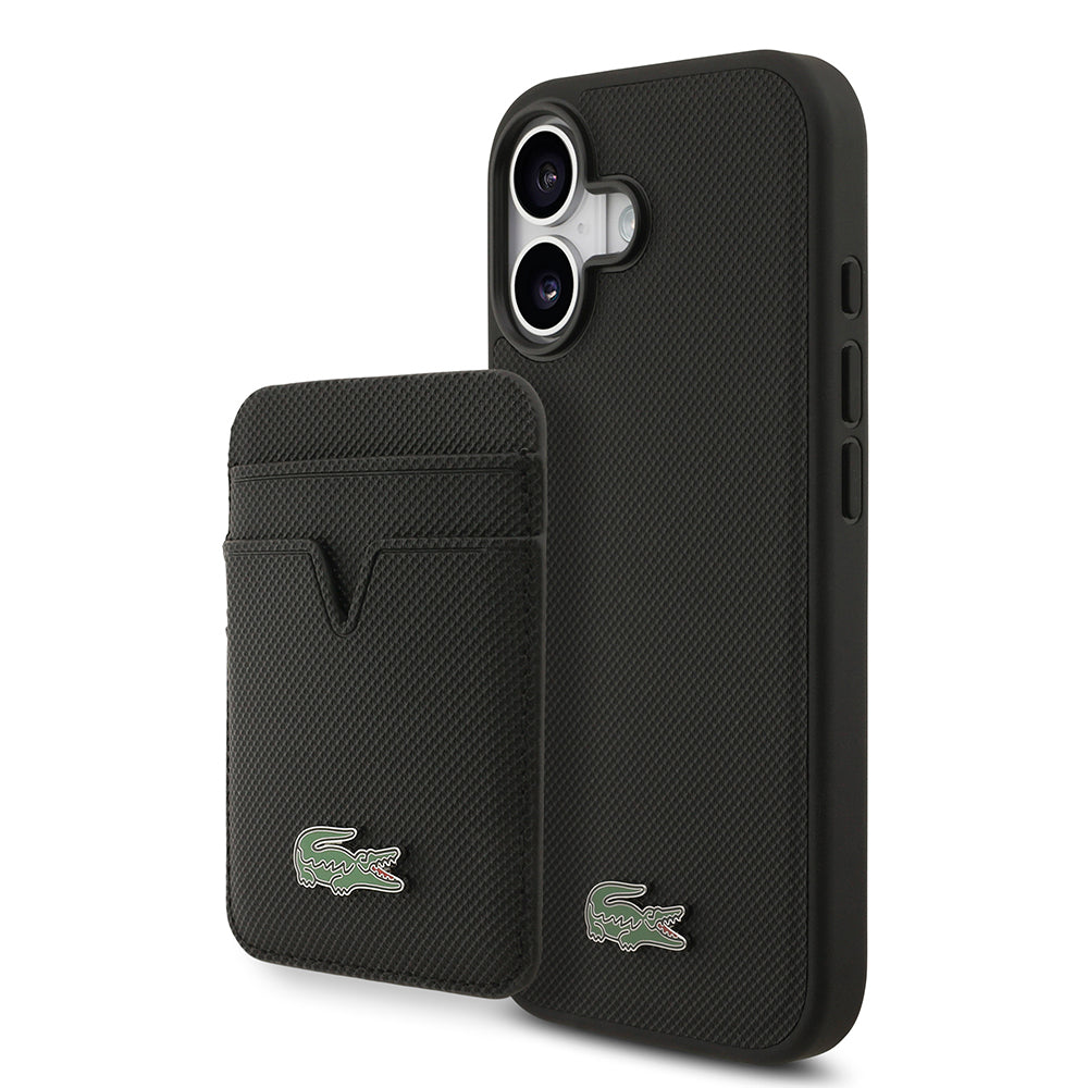 iPhone 17 Kılıf Lacoste Orjinal Lisanslı M-safe Şarj Özellikli PU Pike Desenli Metal Logolu Kartlıklı Kapak