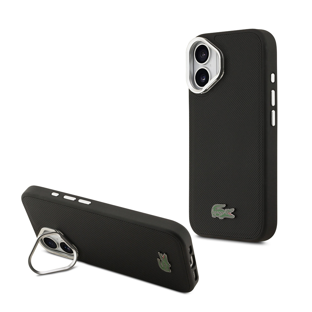 iPhone 17 Kılıf Lacoste Orjinal Lisanslı M-safe Şarj Özellikli PU Pike Desenli Standlı Metal Logolu Kapak