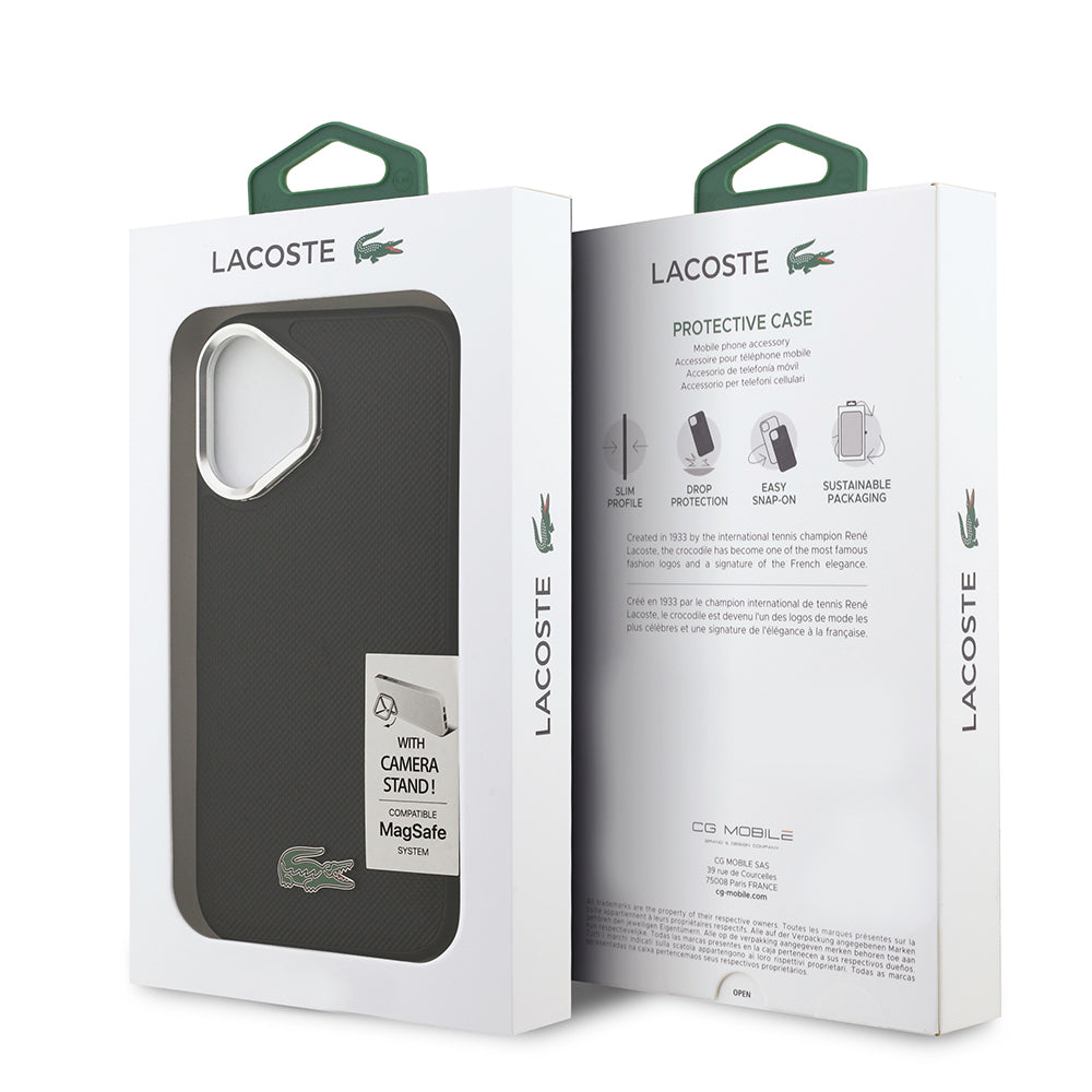 iPhone 17 Kılıf Lacoste Orjinal Lisanslı M-safe Şarj Özellikli PU Pike Desenli Standlı Metal Logolu Kapak
