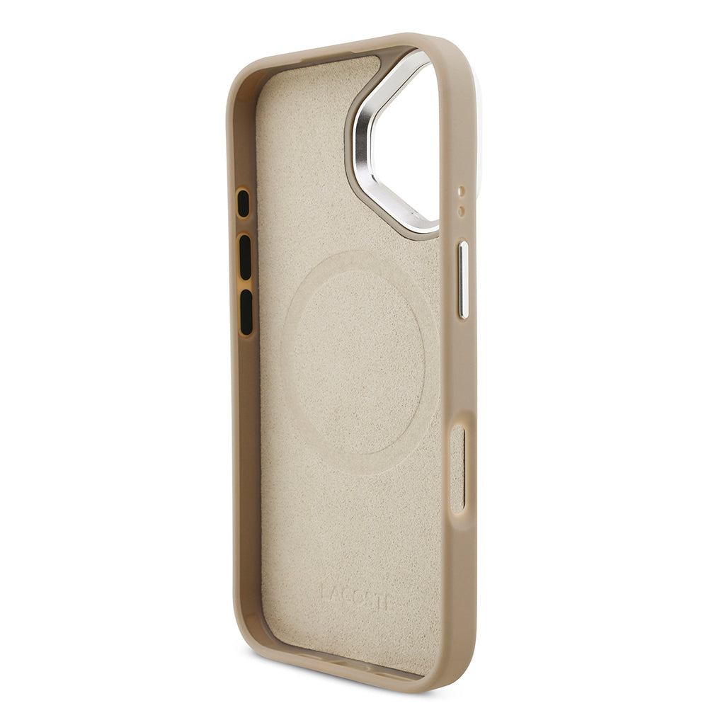 iPhone 17 Kılıf Lacoste Orjinal Lisanslı M-safe Şarj Özellikli PU Pike Desenli Standlı Metal Logolu Kapak