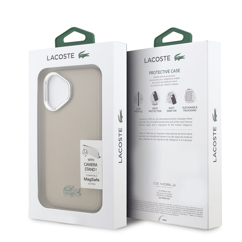 iPhone 17 Kılıf Lacoste Orjinal Lisanslı M-safe Şarj Özellikli PU Pike Desenli Standlı Metal Logolu Kapak