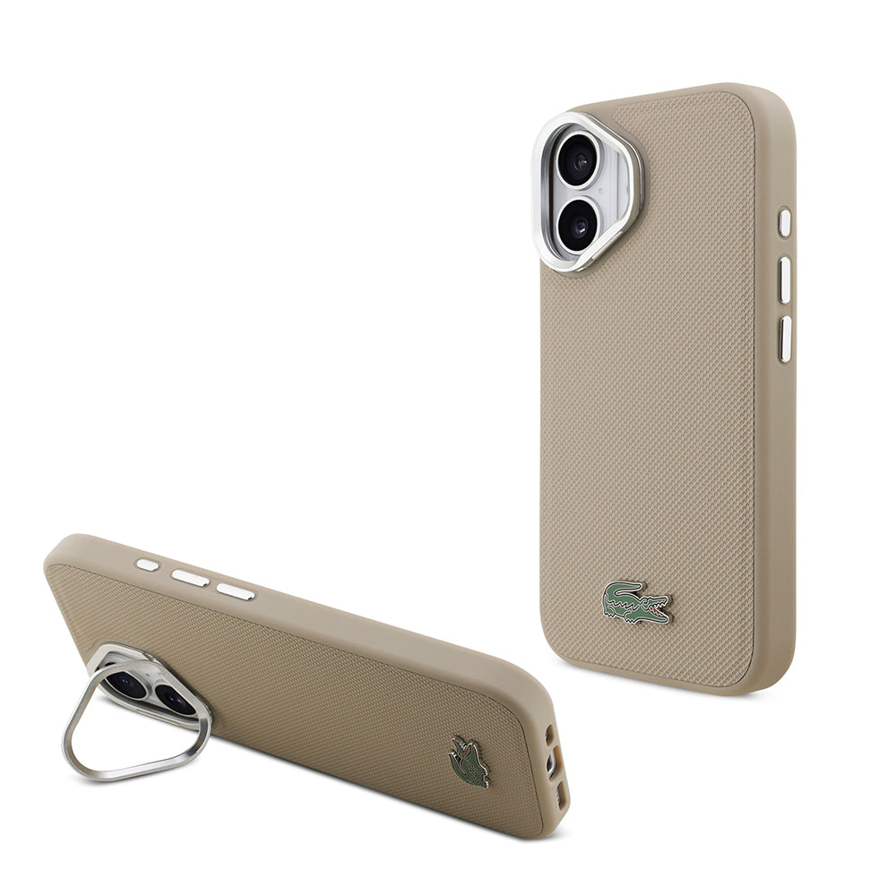 iPhone 17 Kılıf Lacoste Orjinal Lisanslı M-safe Şarj Özellikli PU Pike Desenli Standlı Metal Logolu Kapak