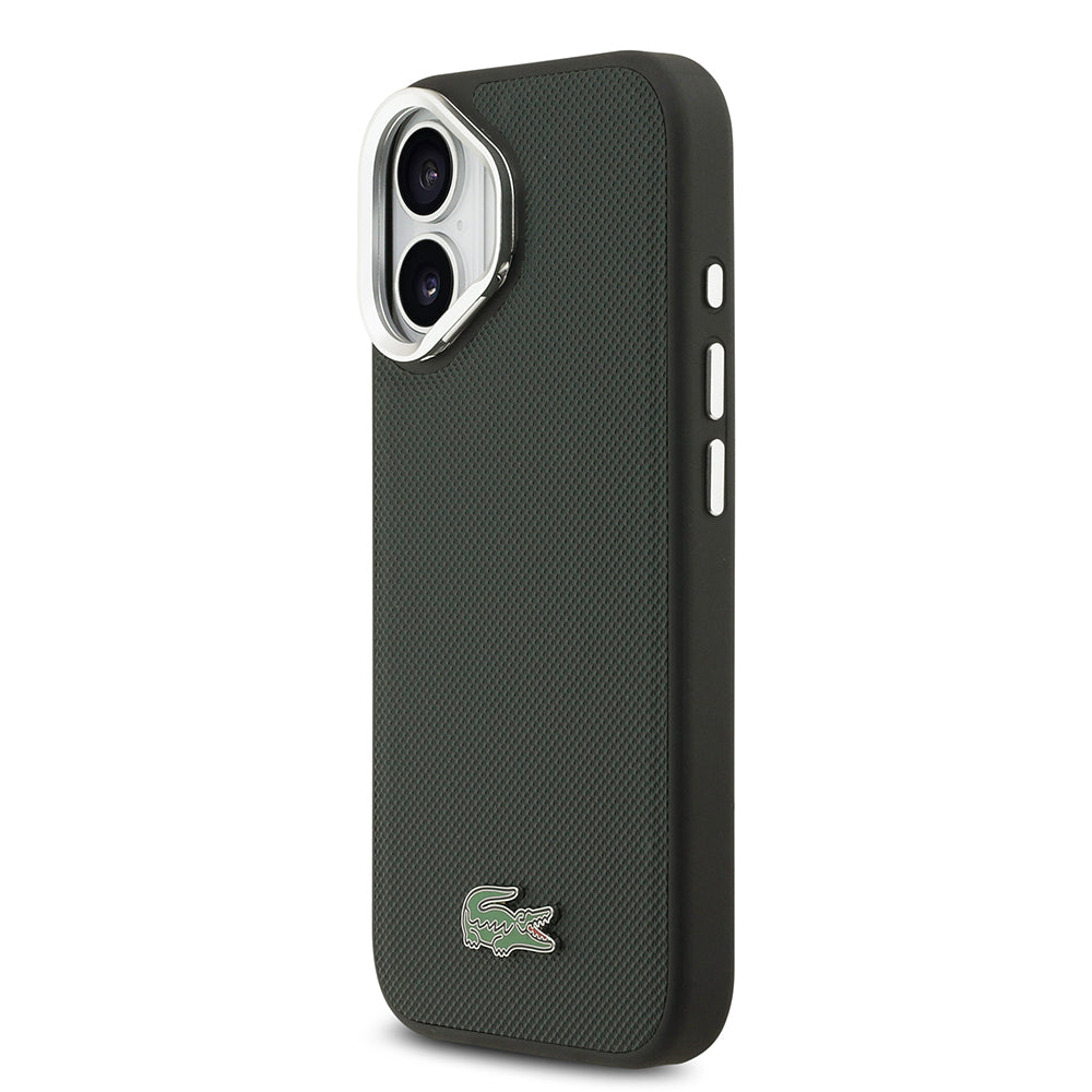 iPhone 17 Kılıf Lacoste Orjinal Lisanslı M-safe Şarj Özellikli PU Pike Desenli Standlı Metal Logolu Kapak