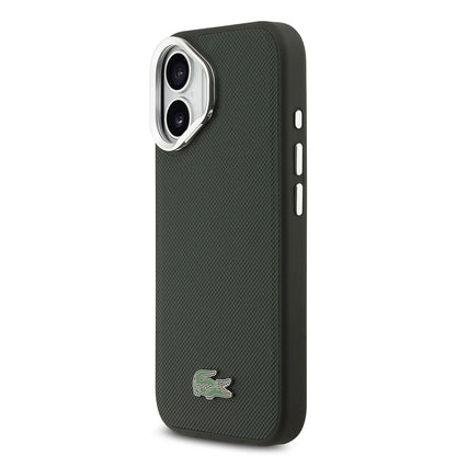 iPhone 17 Kılıf Lacoste Orjinal Lisanslı M-safe Şarj Özellikli PU Pike Desenli Standlı Metal Logolu Kapak