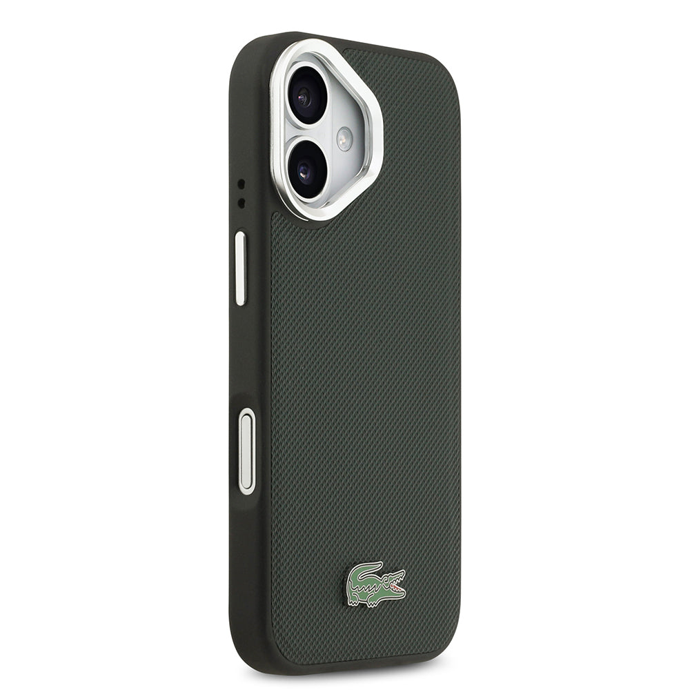 iPhone 17 Kılıf Lacoste Orjinal Lisanslı M-safe Şarj Özellikli PU Pike Desenli Standlı Metal Logolu Kapak
