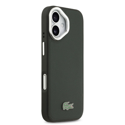 iPhone 17 Kılıf Lacoste Orjinal Lisanslı M-safe Şarj Özellikli PU Pike Desenli Standlı Metal Logolu Kapak