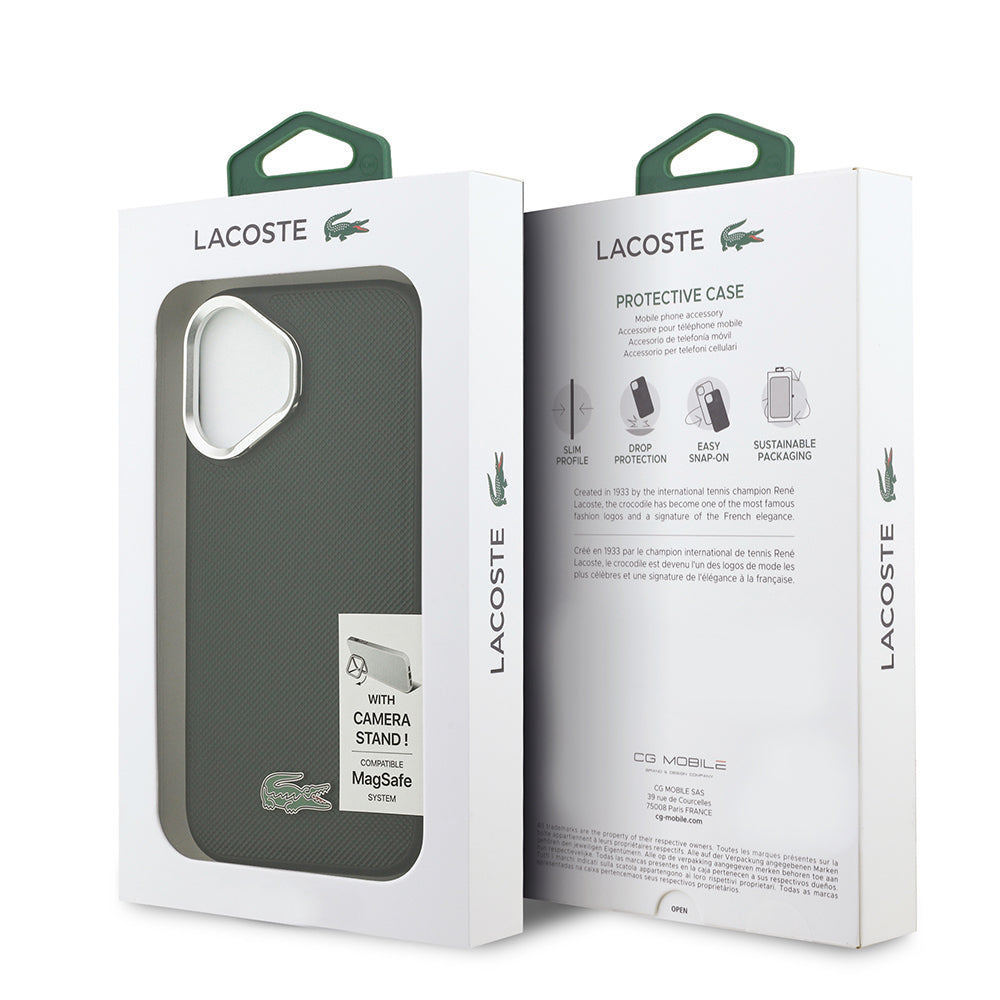 iPhone 17 Kılıf Lacoste Orjinal Lisanslı M-safe Şarj Özellikli PU Pike Desenli Standlı Metal Logolu Kapak