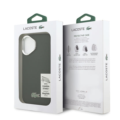 iPhone 17 Kılıf Lacoste Orjinal Lisanslı M-safe Şarj Özellikli PU Pike Desenli Standlı Metal Logolu Kapak