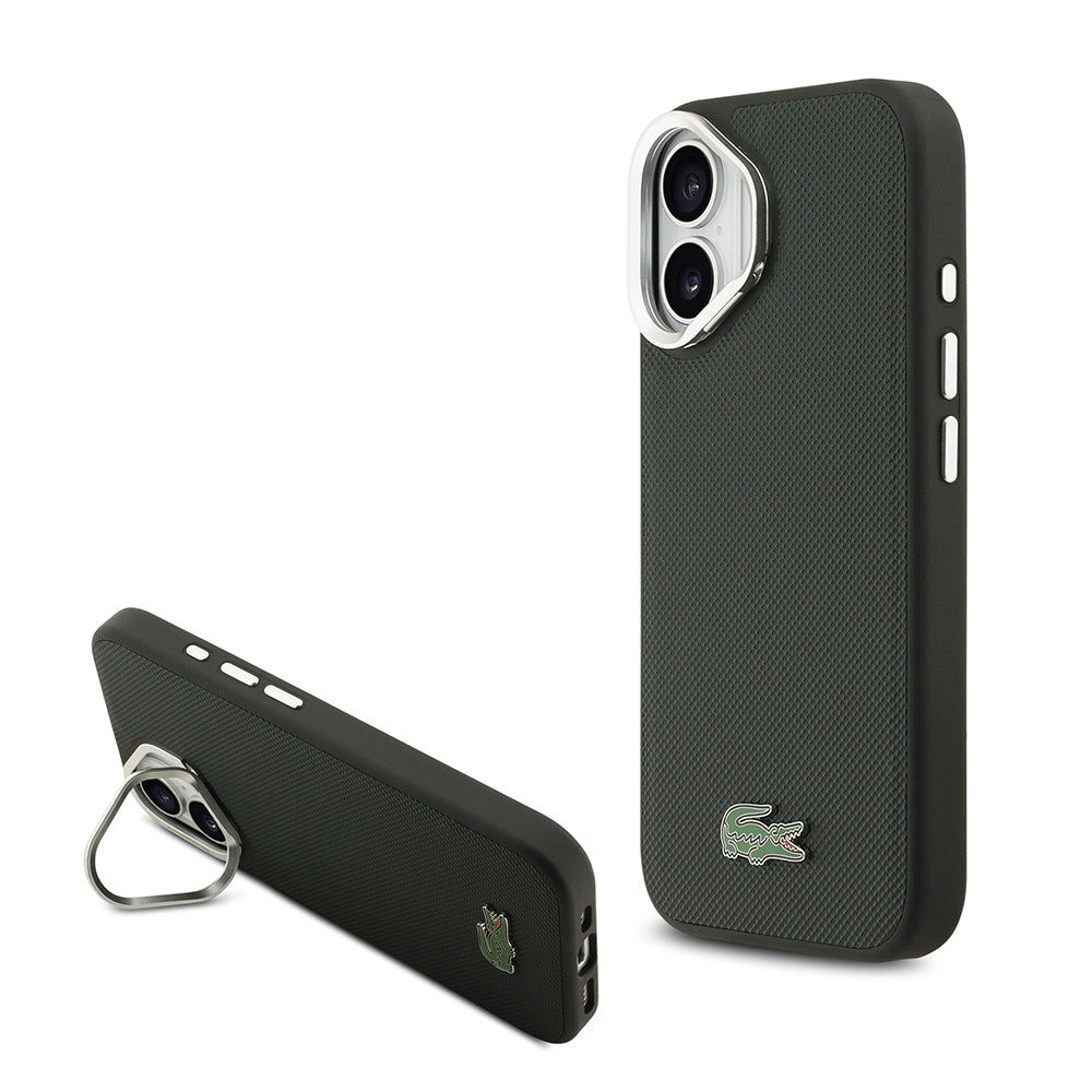 iPhone 17 Kılıf Lacoste Orjinal Lisanslı M-safe Şarj Özellikli PU Pike Desenli Standlı Metal Logolu Kapak
