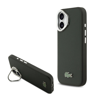 iPhone 17 Kılıf Lacoste Orjinal Lisanslı M-safe Şarj Özellikli PU Pike Desenli Standlı Metal Logolu Kapak